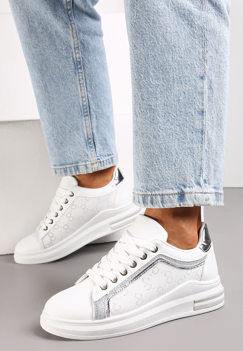 Białe Sneakersy z Brokatem i Metaliczną Wstawką Selien
