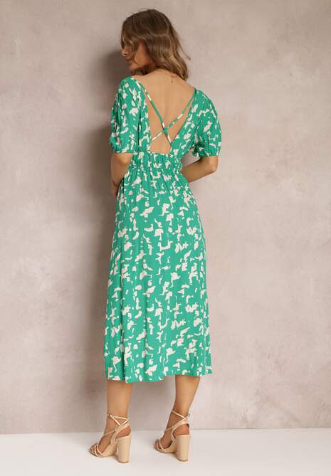 Zielona Rozkloszowana Sukienka Mii z Gumką w Talii z Głębokim Dekoltem z Wiskozy Xyra