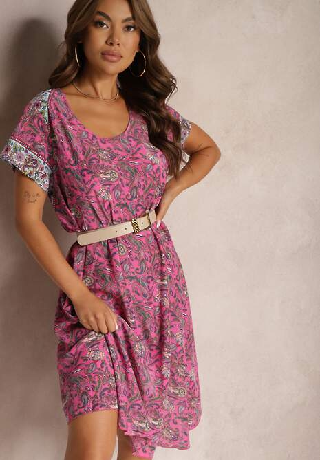 Fuksjowa Rozkloszowana Sukienka z Wiskozy w Kwiaty Rivanira