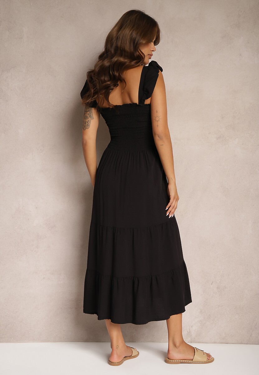 Czarna Sukienka z Bawełny na Ramiączkach Ozdobiona Falbanami i Gumkami Mevalys
