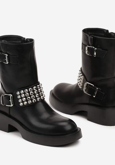 Czarne Botki Biker z Ćwiekami na Szerokim Pasku Ezila