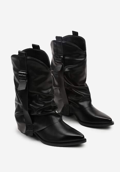 Czarne Botki Kowbojki z Wywiniętą Cholewką z Marszczeniem Ilova