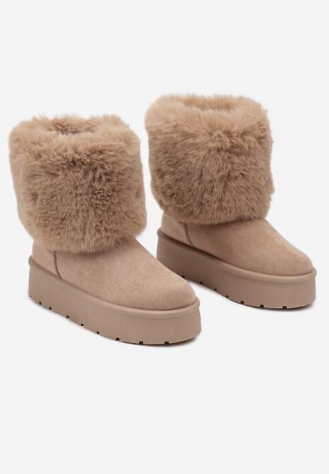 Ciemnobeżowe Śniegowce na Grubej Podeszwie Ozdobione Futerkiem Naolani