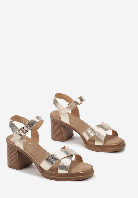 Złote Sandały na Słupku z Szerokimi Paskami Tera