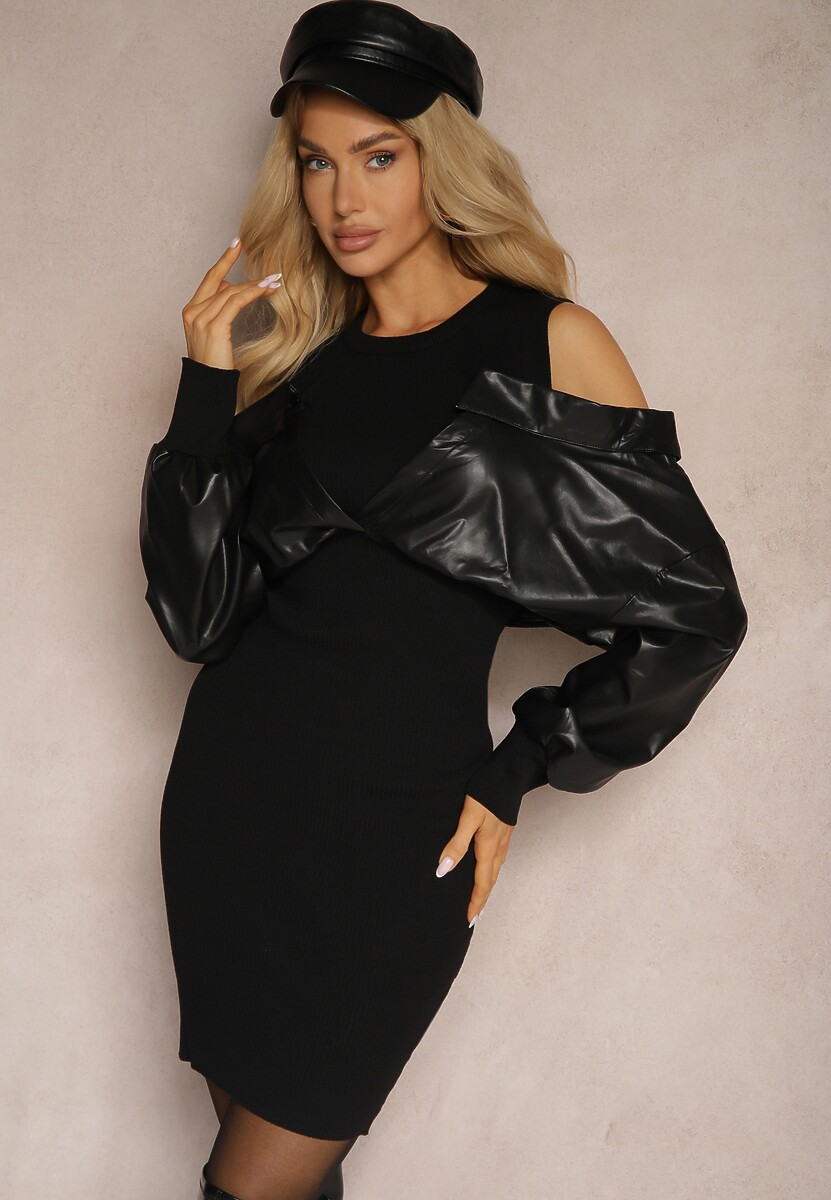 Czarna Prążkowana Sukienka z Wiskozą z Rękawami z Imitacji Skóry Maithia