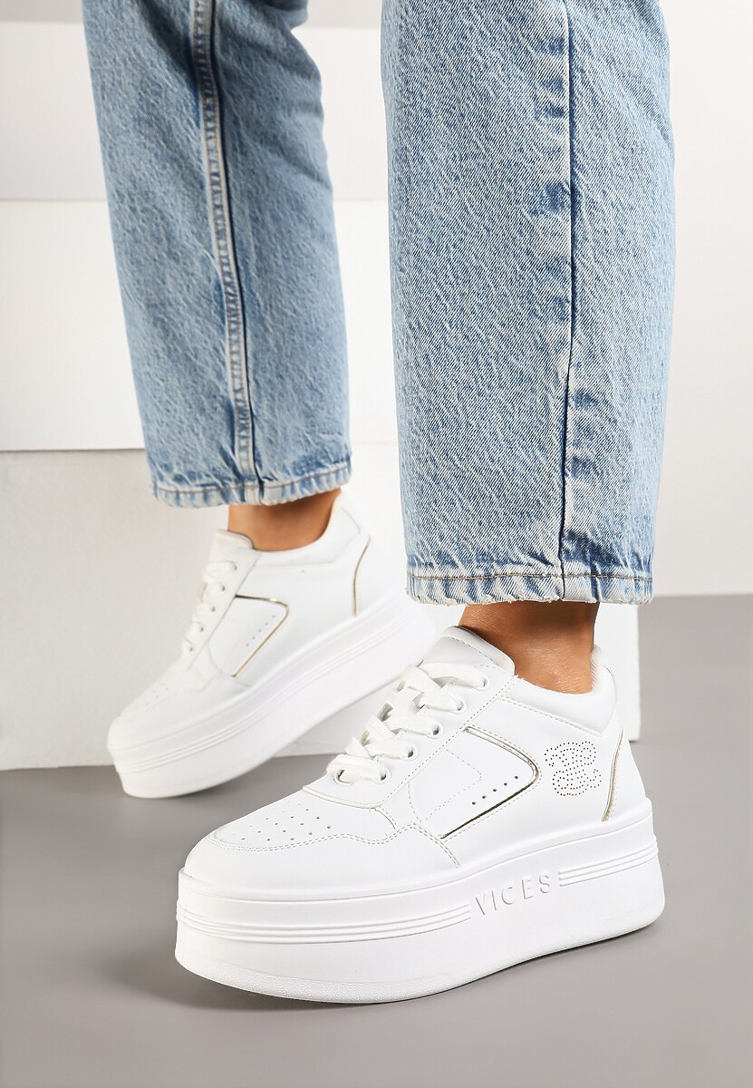 Biało-Złote Sneakersy Vices na Platformie Ozdobione Metalicznymi Aplikacjami Nelanil