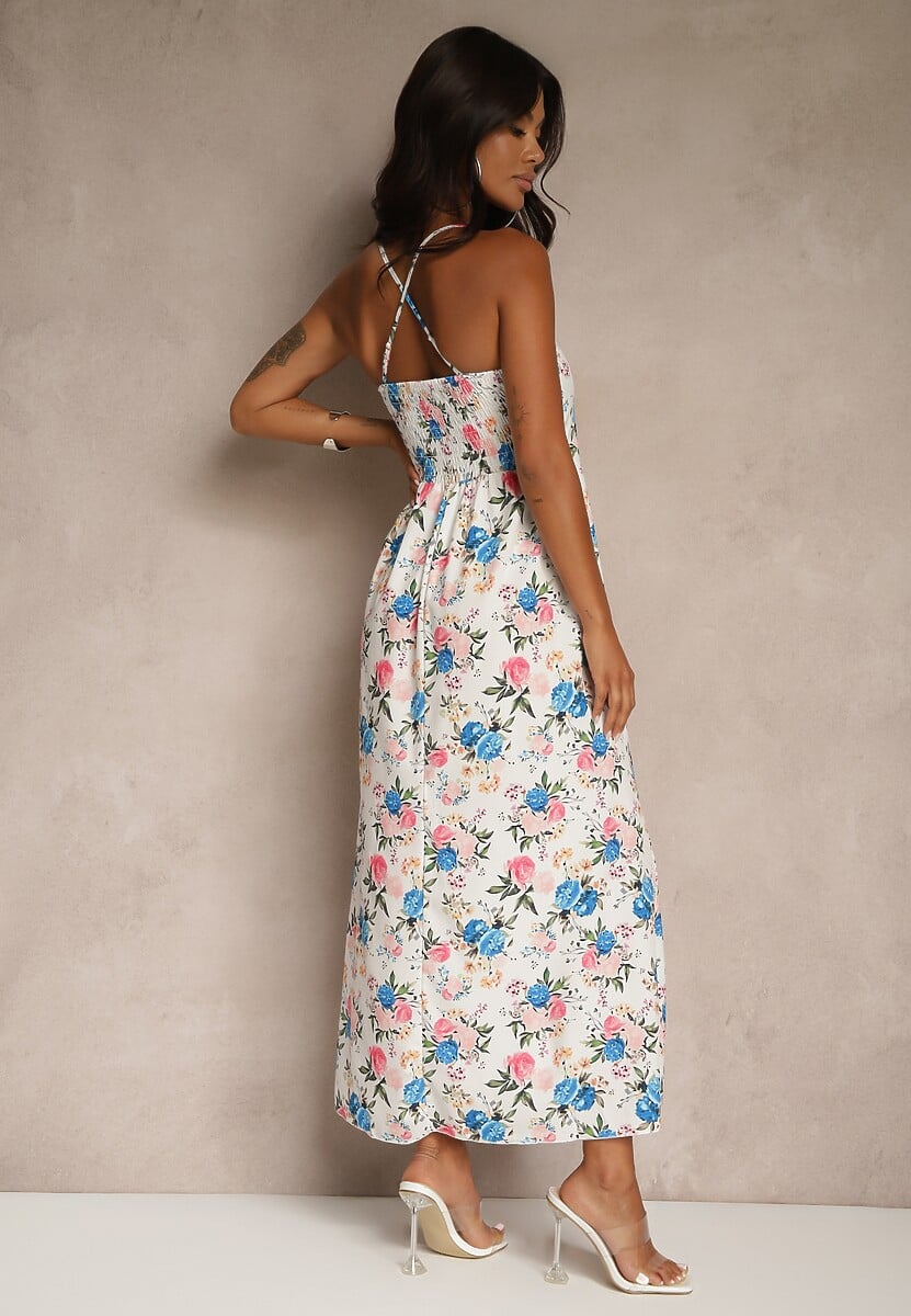 Niebieska Rozkloszowana Sukienka z Wiskozą w Kwiatowy Wzór Nalivie