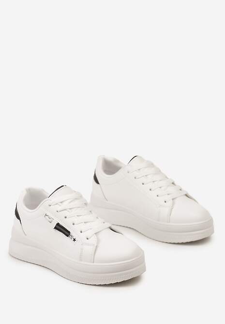 Biało-Czarne Sneakersy na Niskiej Platformie z Ozdobnym Suwakiem na Boku Pertia