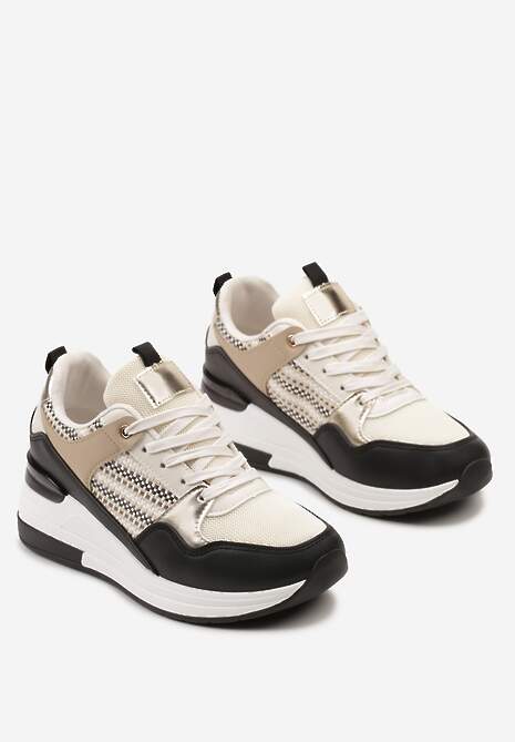 Beżowo-Czarne Sneakersy z Niskim Koturnem i Ozdobnymi Wstawkami Ysabeltia