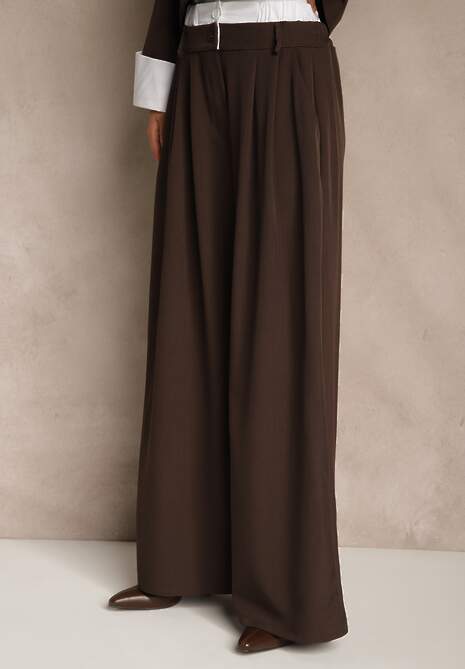 Ciemnobrązowy Garniturowy Komplet Marynarka i Spodnie z Kontrastującymi Zdobieniami Davirielle