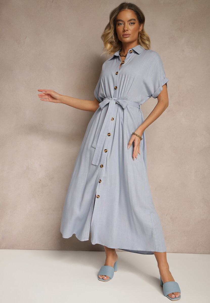 Niebieska Sukienka Koszulowa z Wiskozą i Lnem Ozdobiona Paskiem Lunie