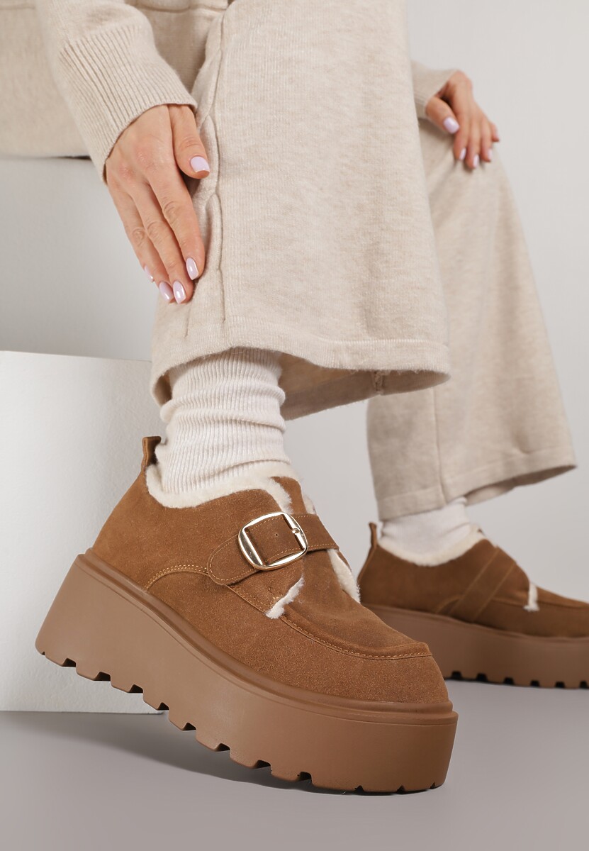 Jasnobrązowe Śniegowce na Platformie z Paskiem ze Sprzączką i Futrem Unweda