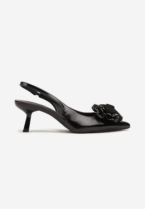 Czarne Czółenka na Obcasie Typu Kaczuszka ze Szpiczastym Noskiem i Kwiatową Ozdobą 3D Sinavia