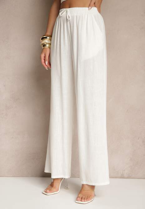 Białe Spodnie z Lnem o Szerokim Kroju z Gumką w Talii Filarive
