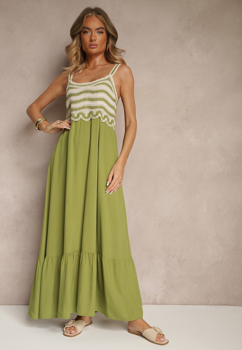 Niebieska Wiskozowa Sukienka z Haftami na Ramiączkach o Rozkloszowanym Kroju Efralisse