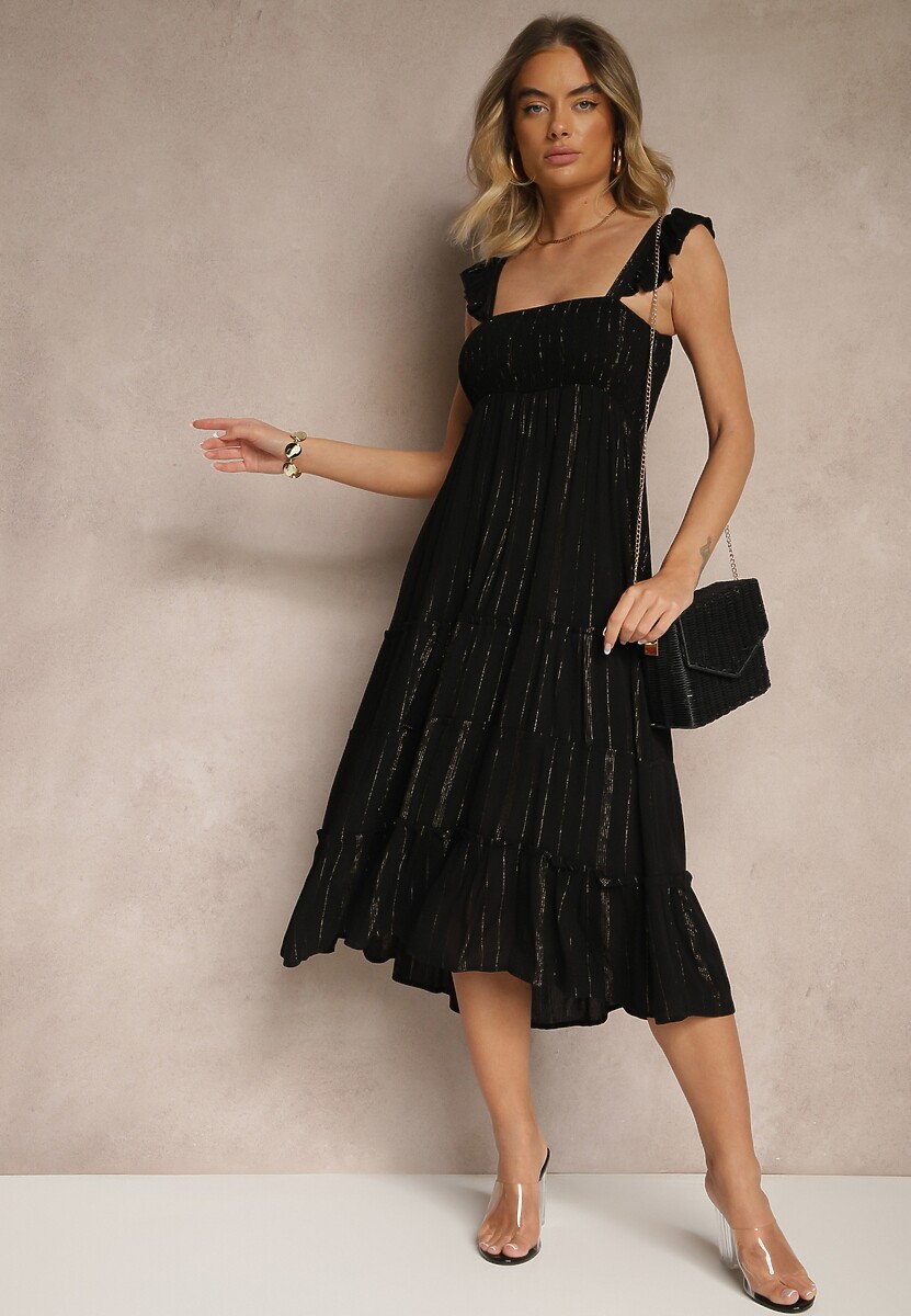 Czarna Rozkloszowana Sukienka z Wiskozy z Metalicznymi Przeszyciami Iffaria