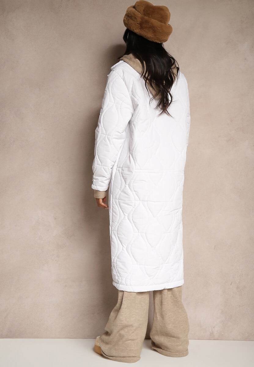 Biały Długi Płaszcz Kurtka Ozdobiona Pikowaniem Hamid