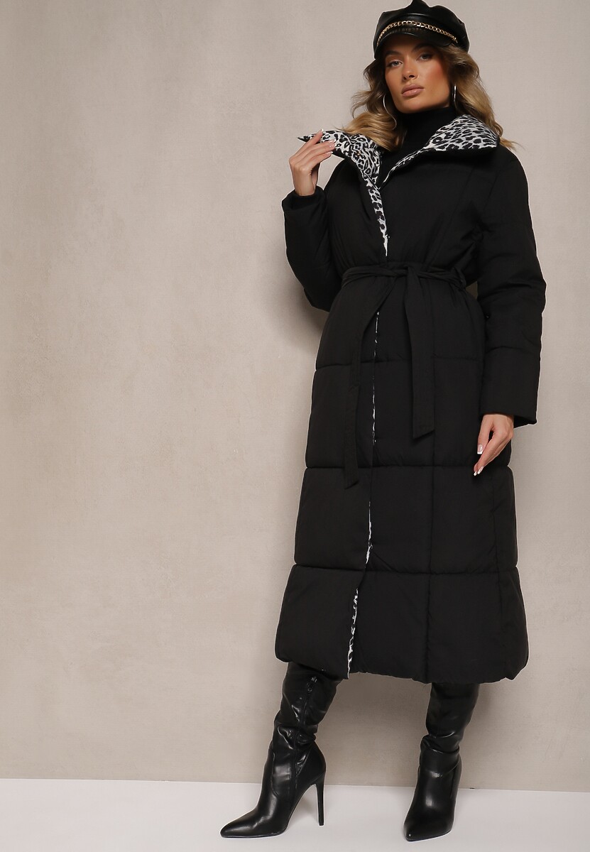 Czarno-Beżowa Długa Kurtka z Pikowanymi Przeszyciami i Kołnierzem w Panterkę Wiązana w Talii Tilfezi