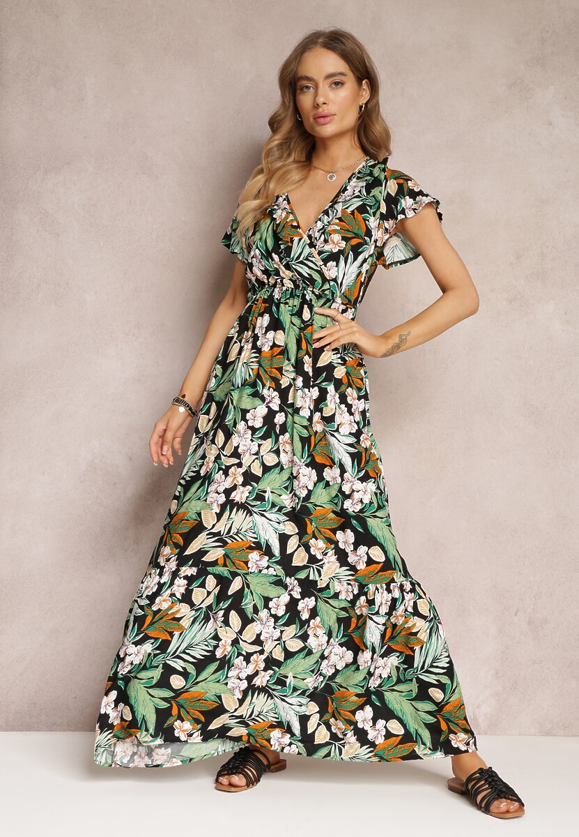 Czarno-Zielona Sukienka Rozkloszowana w Kwiaty z Gumką w Pasie Diggle