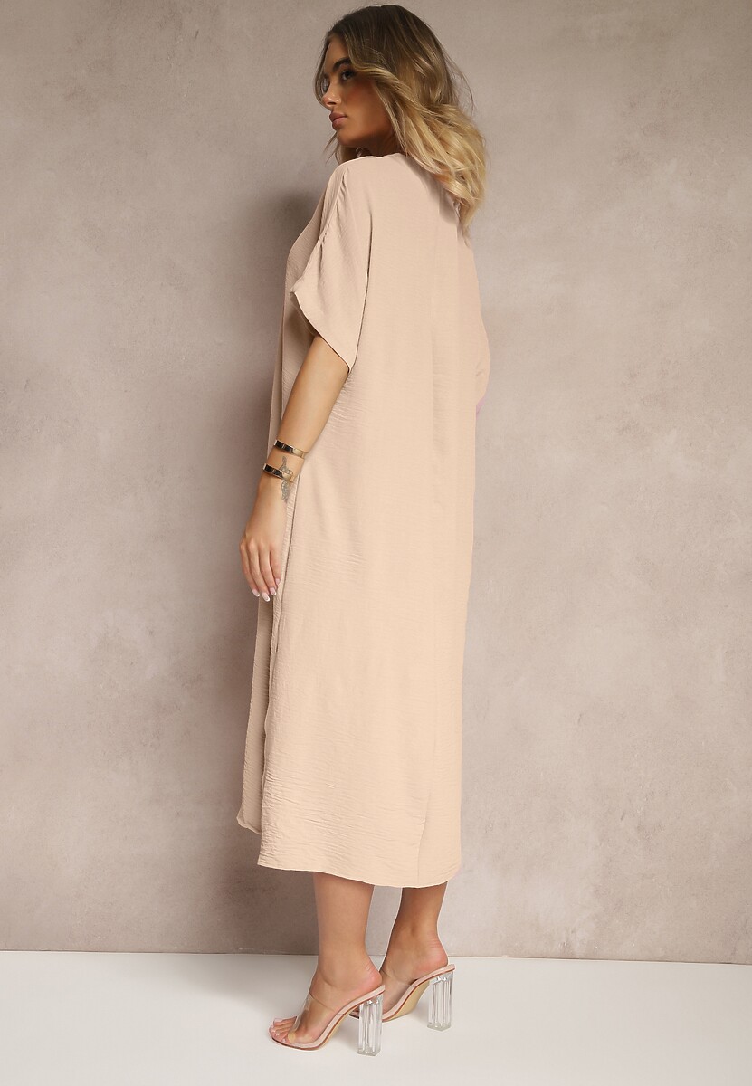 Beżowa Pudełkowa Sukienka z Bawełną i Marszczeniem Teleriela