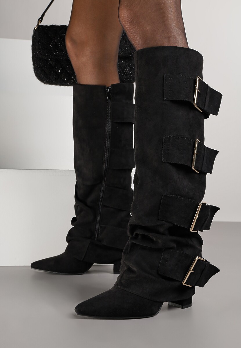 Czarne Kozaki na Słupkowym Obcasie z Klamrami i Cholewką Imitującą Nogawkę Arwellia