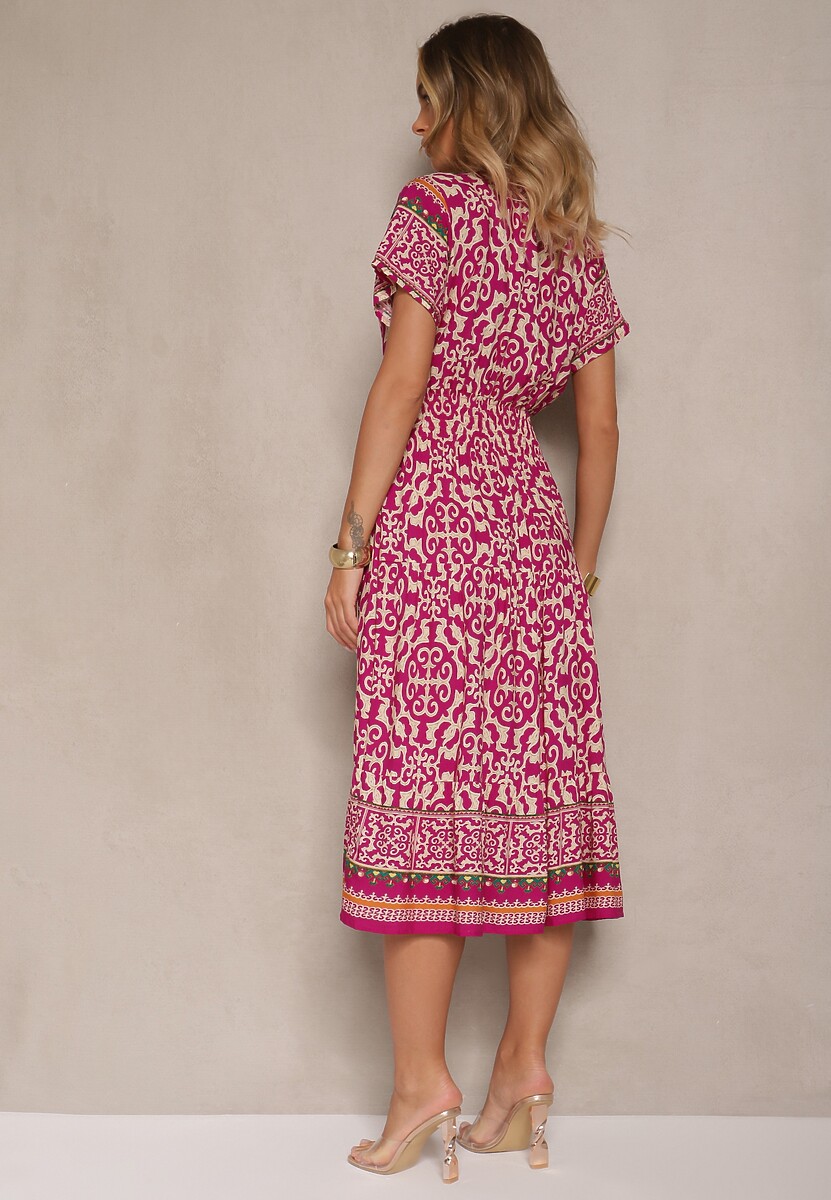 Fioletowa Sukienka z Bawełny Ozdobiona Ornamentnym Motywem Fillena
