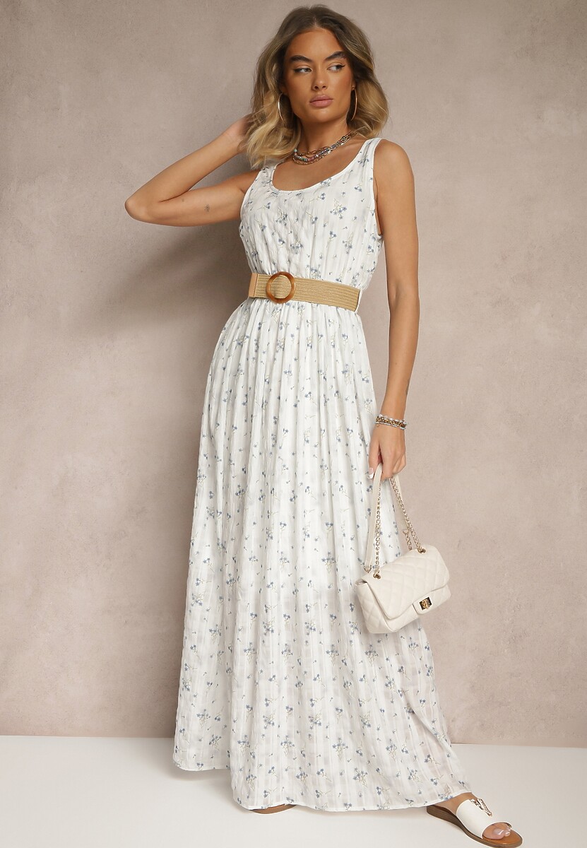 Jasnoniebieska Kwiatowa Sukienka o Rozkloszowanym Kroju z Paskiem z Plecionki Iffonvia