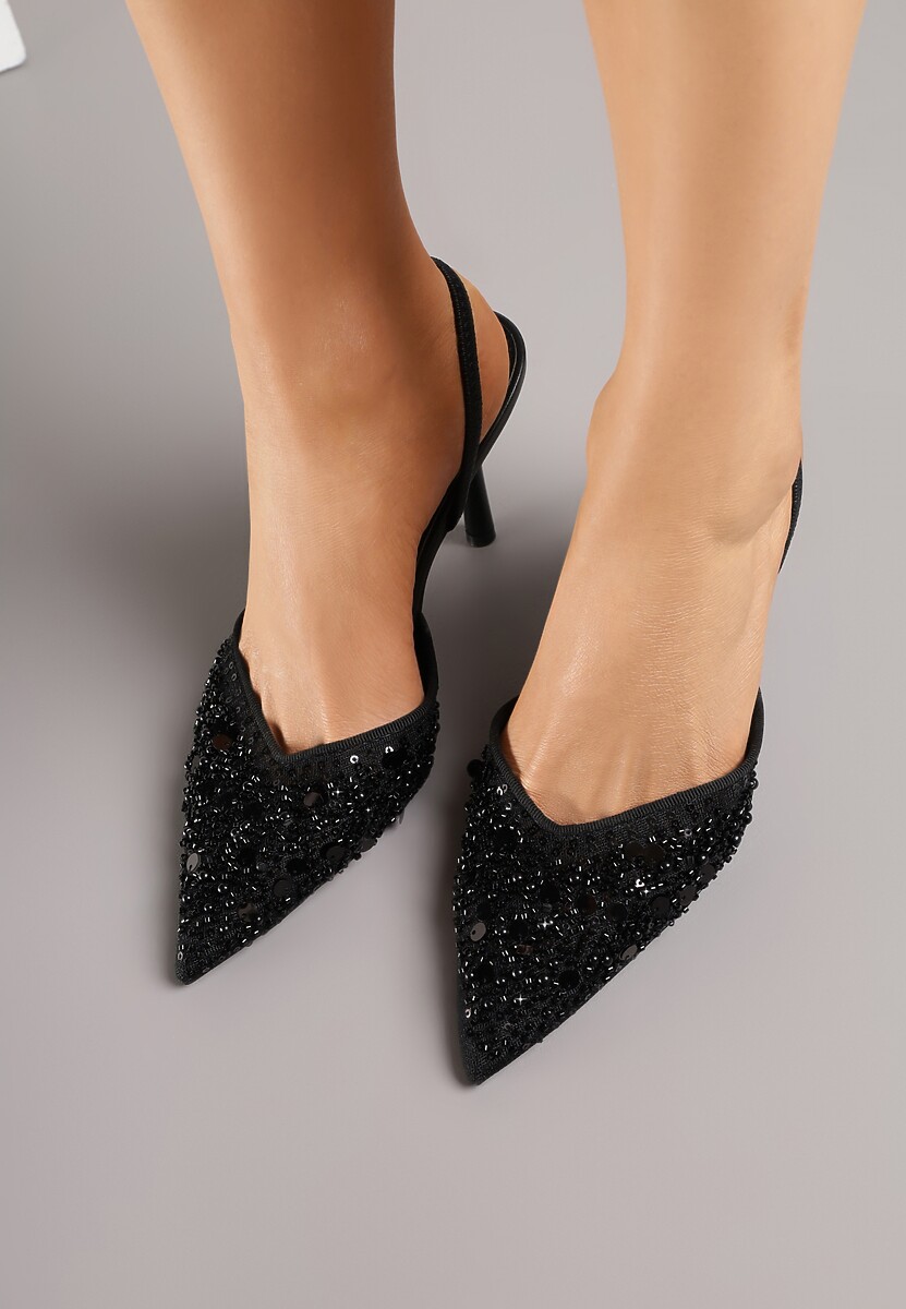 Czarne Szpilki Slingback Zdobione Perełkami i Cekinami Irifera