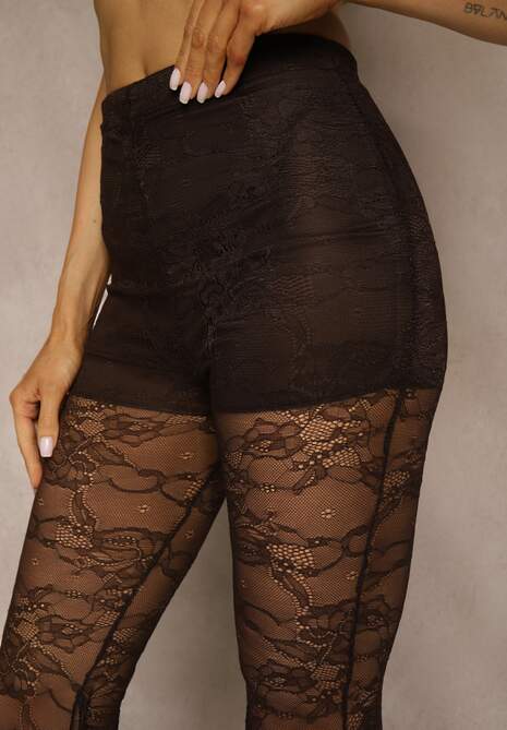 Brązowe Spodnie High Waist o Kroju Dzwonów z Koronki Ferella