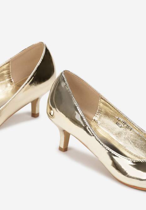 Złote Czółenka na Obcasie Kaczuszka ze Szpiczastym Noskiem Marma