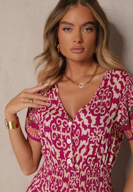 Fioletowa Sukienka z Bawełny z Gumką w Pasie i Ozdobnymi Guzikami Natifarela