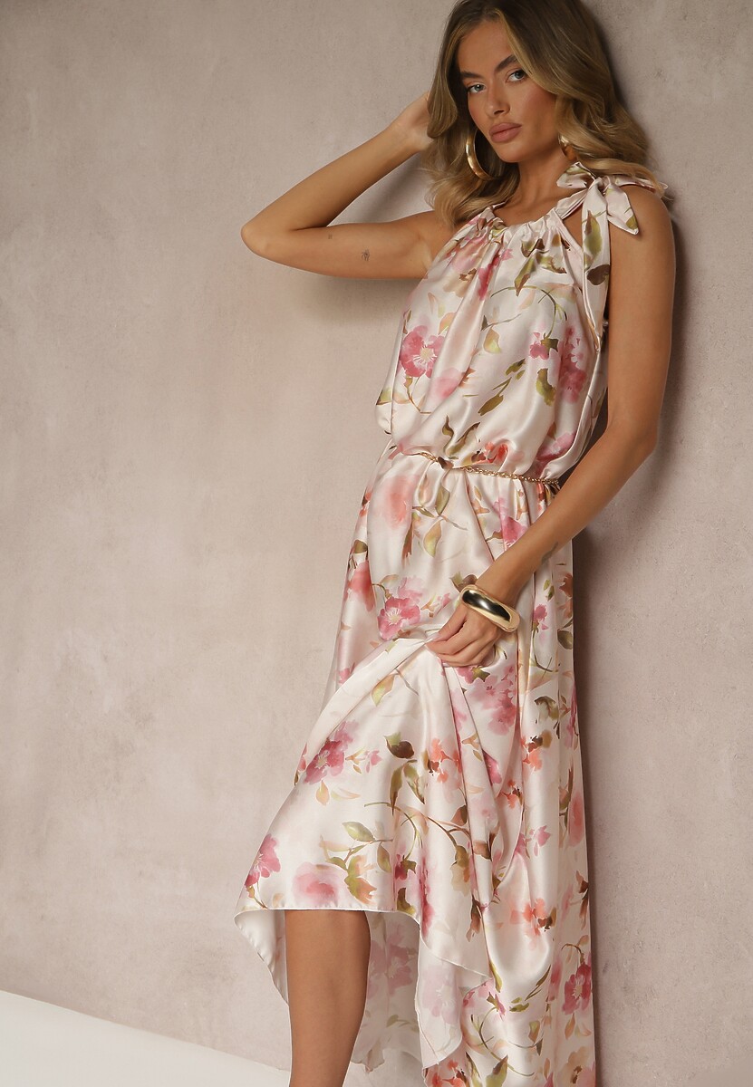 Fioletowa Sukienka z Satyny w Kwiatowy Wzór Fenimea