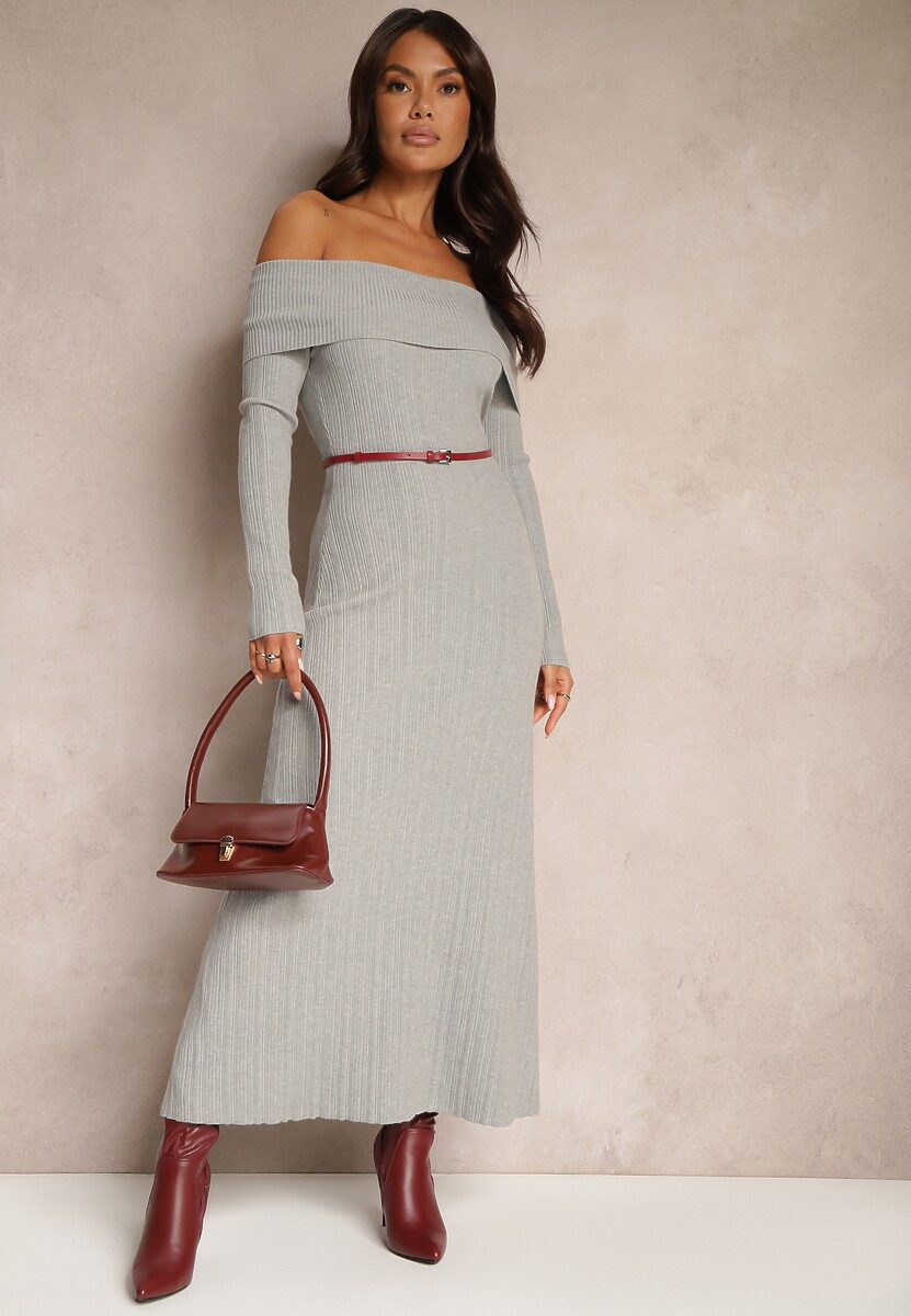 Szara Sukienka z Wiskozą Ozdobiona Wywiniętym Dekoltem Siarielis