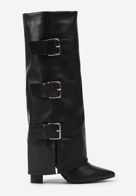 Czarne Kozaki na Słupku Ozdobione Klamrami i Wywiniętą Cholewką Einella