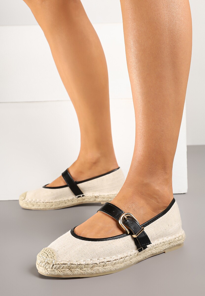 Czarno-Beżowe Espadryle na Podeszwie z Plecionki z Paskiem ze Sprzączką Ridimiria