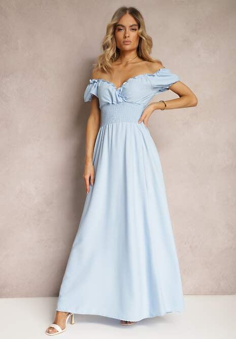 Jasnoniebieska Sukienka z Wiskozy z Gumką w Talii i Kopertowym Dekoltem Rhoneri
