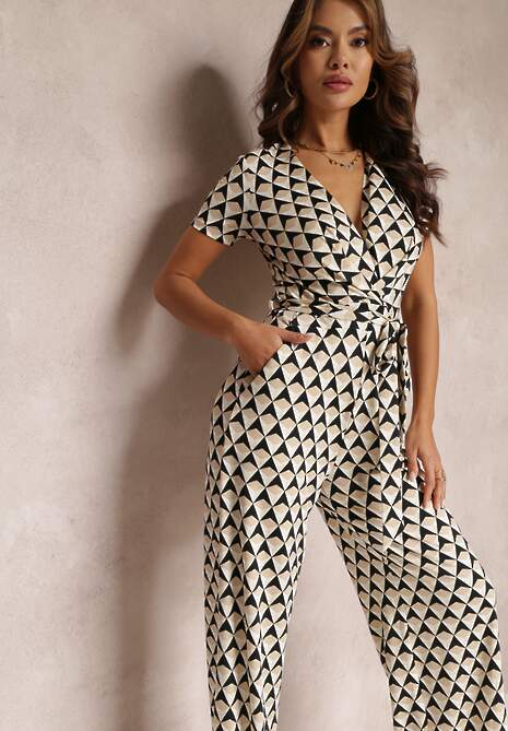 Beżowy Kopertowy Kombinezon z Krótkim Rękawem i Długimi Nogawkami Avrey