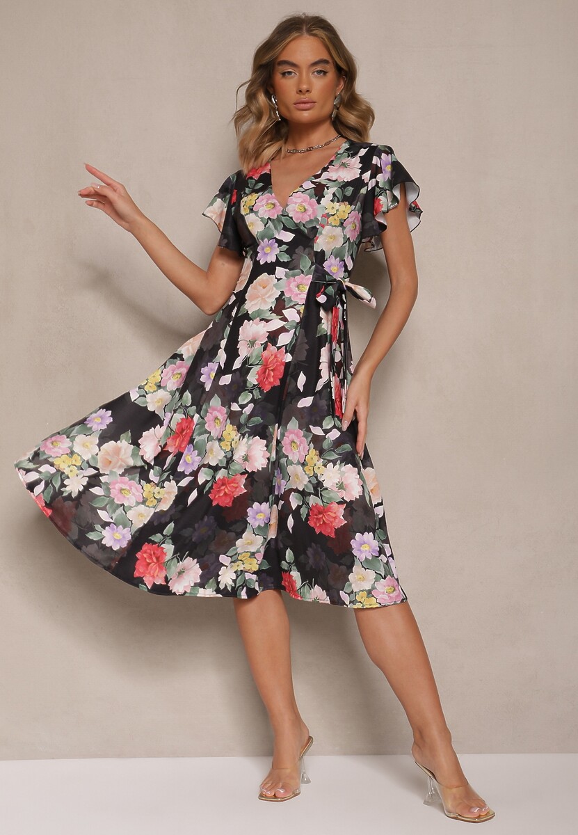 Czarna Kopertowa Sukienka w Kwiaty Atesalia