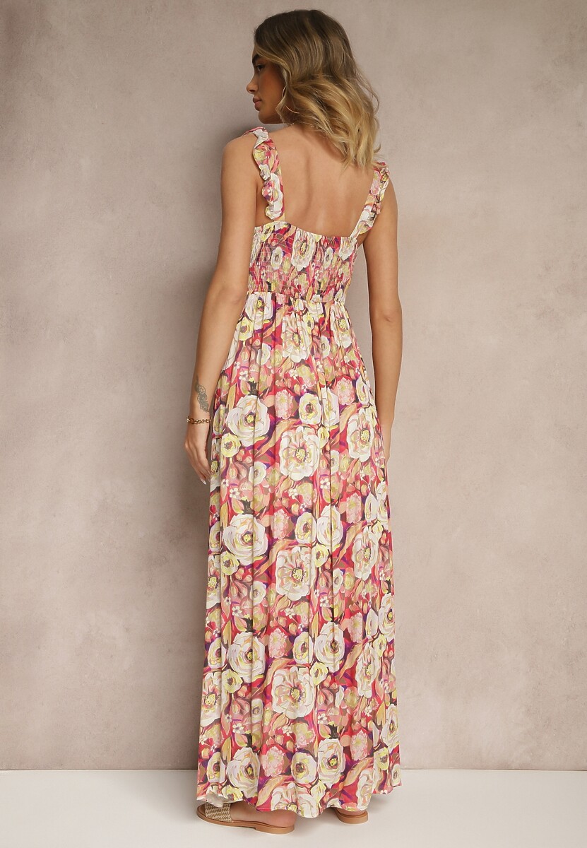 Czerwono-Beżowa Wiskozowa Sukienka o Rozkloszowanym Kroju w Kwiaty Redalie