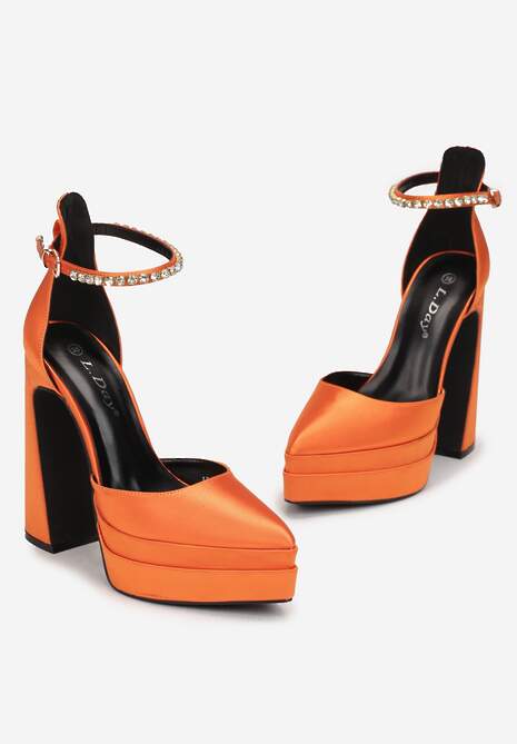 Pomarańczowe Satynowe Czółenka na Słupku i Platformie Darlo