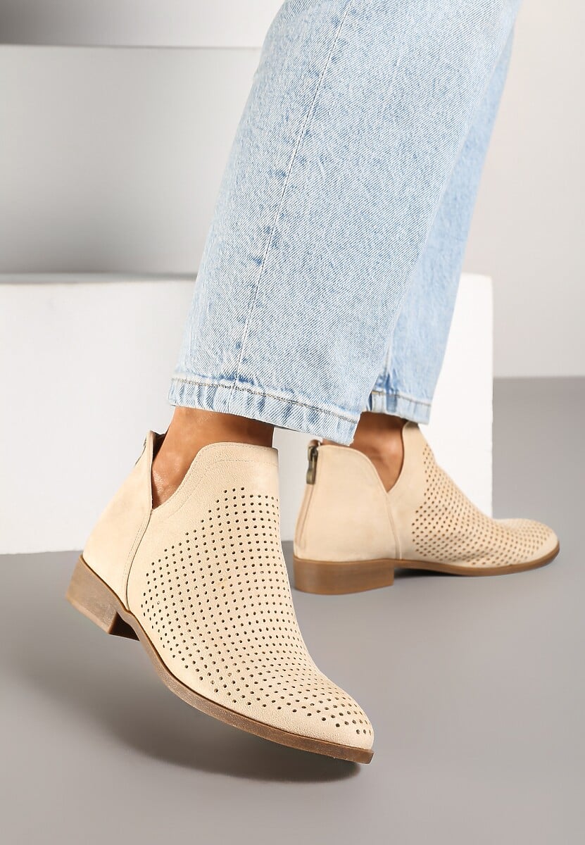 Ciemnobeżowe Botki Vices na Płaskiej Podeszwie Ozdobione Wycięciem Felirwen