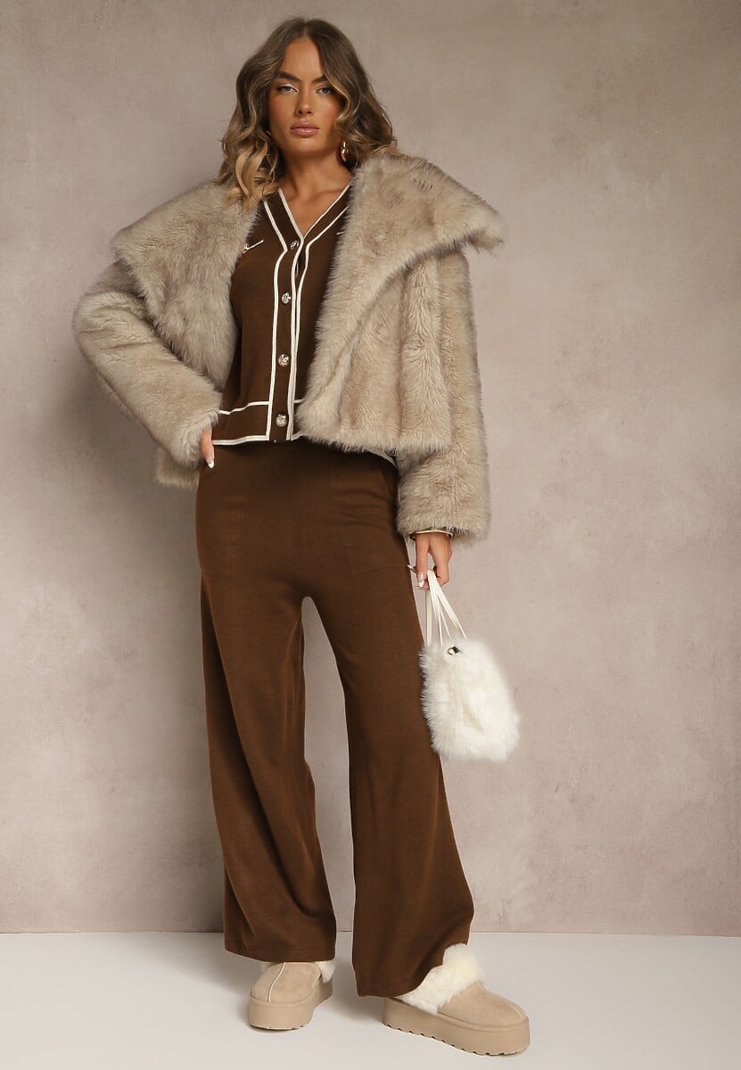 Czarny Komplet z Dzianiny Spodnie Wide Leg i Retro Kardigan Giosila