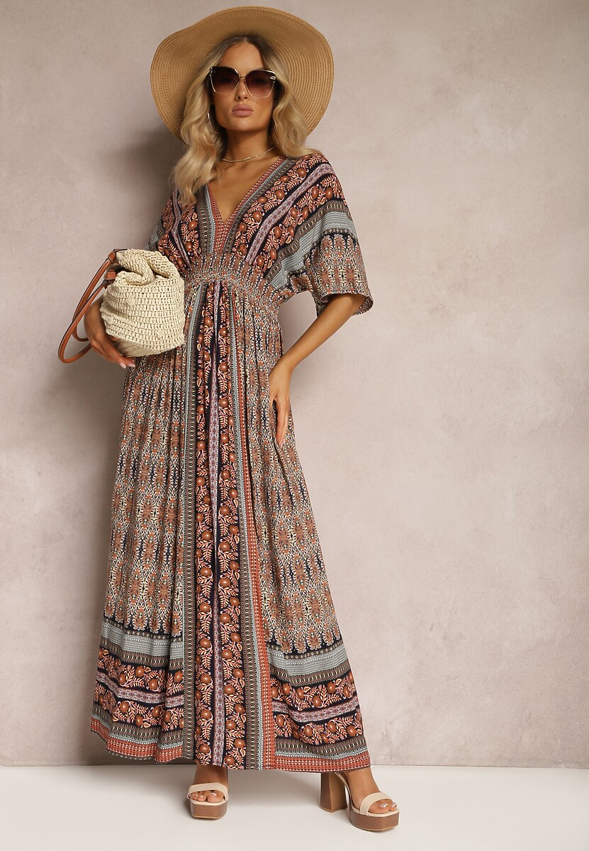 Fioletowo-Niebieska Sukienka w Stylu Etnicznym z Gumką w Pasie Wiązana na Plecach Lixara