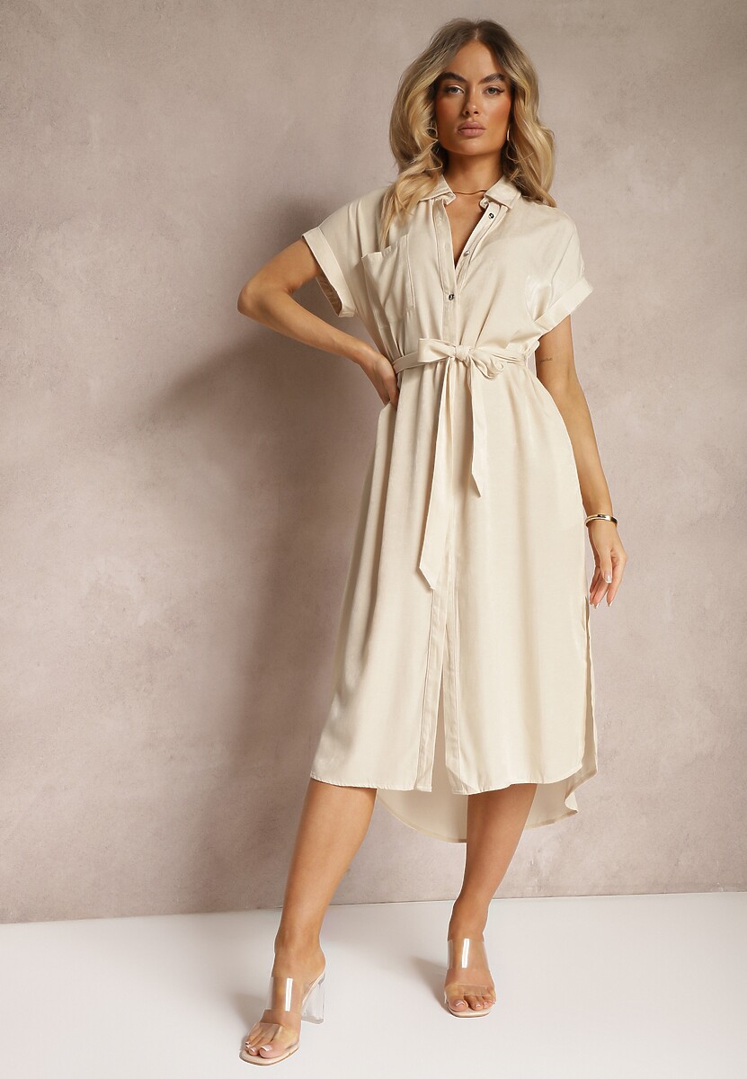 Beżowa Koszulowa Sukienka z Rozcięciem Zapinana na Guziki Wiązana Materiałowym Paskiem Nestarina