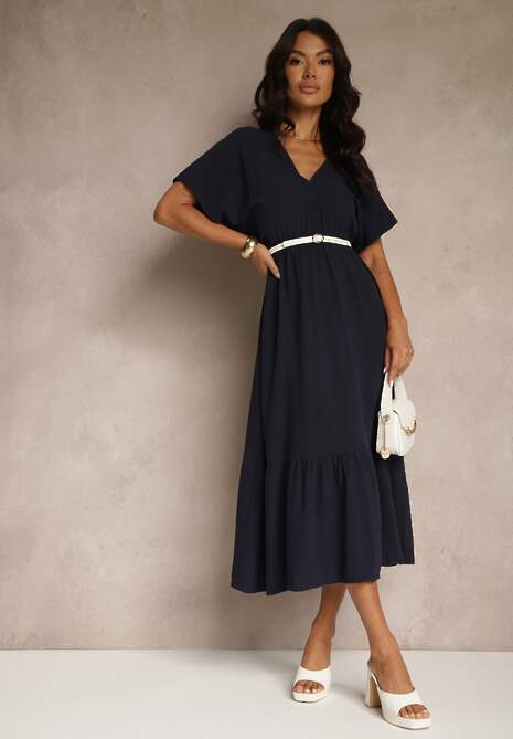 Granatowa Sukienka z Wiskozą i Lnem z Wiązaniem z Tyłu Kolissea