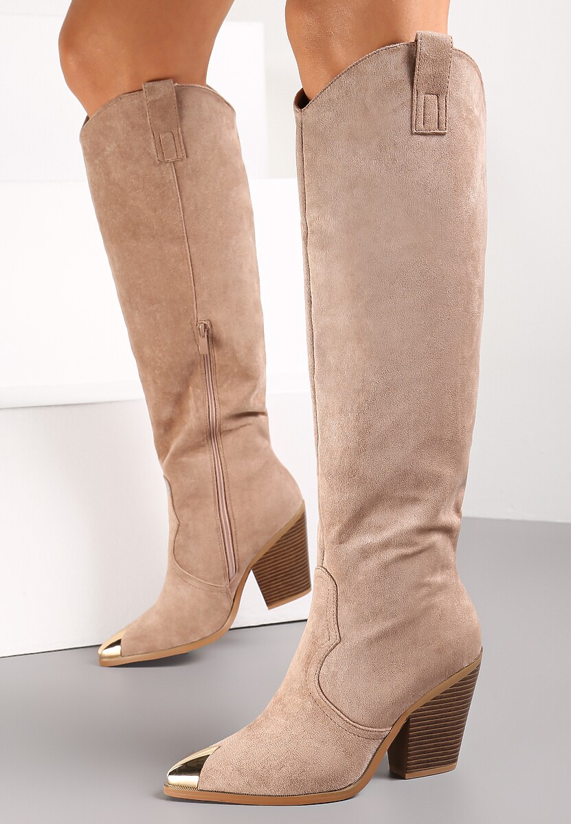 Ciemnobeżowe Kozaki Kowbojki ze Szpiczastym Noskiem Naphie