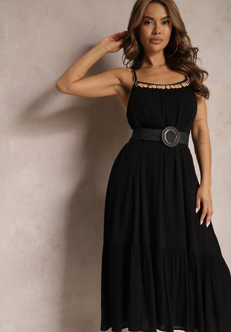 Czarna Sukienka z Wiskozy na Ramiączkach Zdobiona Cekinami i Metaliczną Nitką Beloe