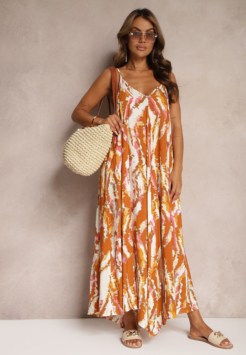 Brązowa Wiskozowa Sukienka o Rozkloszowanym Kroju na Ramiączkach Risaletti