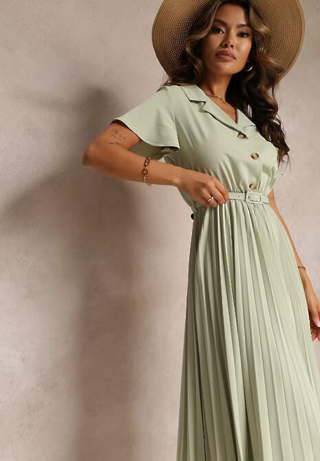 Zielona Retro Sukienka Midi z Plisowaniem i Paskiem na Klamrę Elinerise