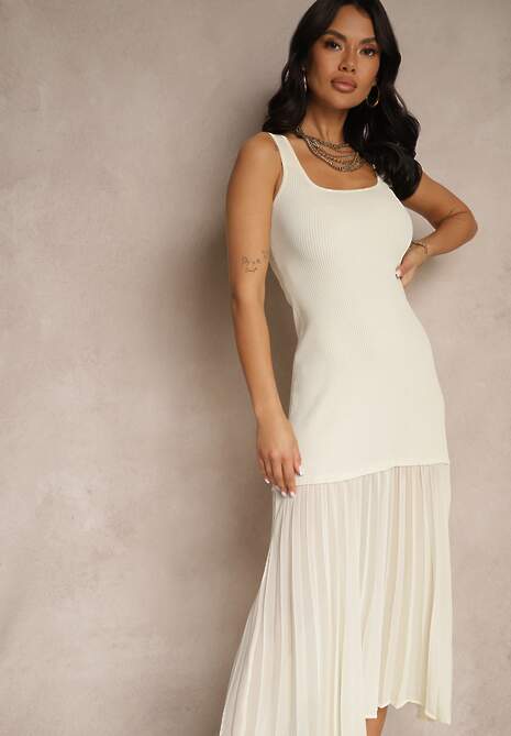 Beżowa Taliowana Sukienka na Ramiączkach z Prążkowanej Tkaniny z Tiulem Nolzedi